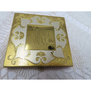 VTG 1950s WADSWORTH Art Deco Monogram Gold Wite Square 3" Compact w Puff